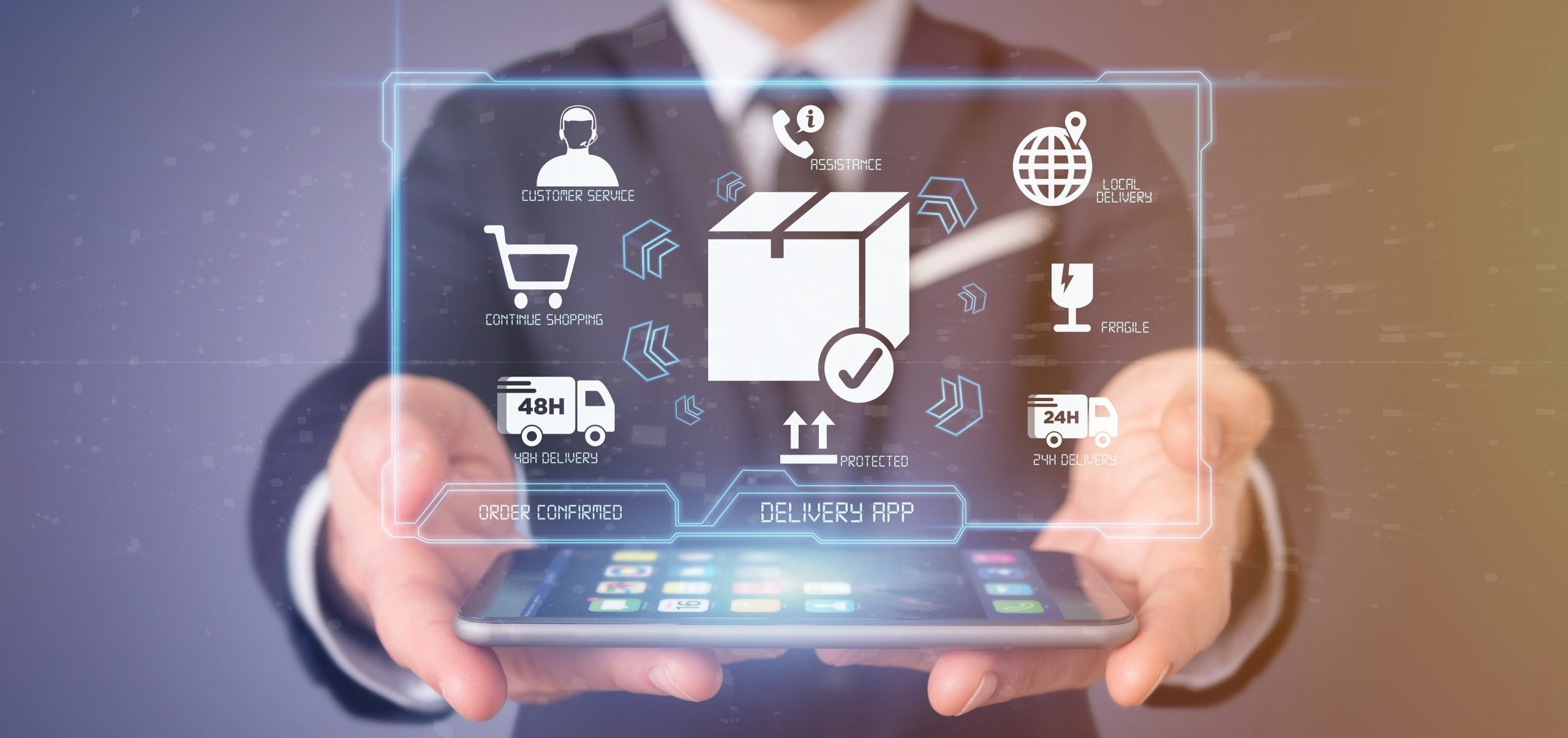Businessman holding a logistic delivery application screen 3d re