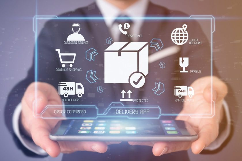 Businessman holding a logistic delivery application screen 3d re